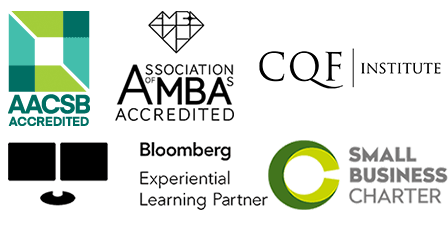 AASCB Accredited, AMBA Accredited, CQF Institute, Bloomberg Experimental Learning Partner and Small Business Charter logos