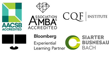 AASCB Accredited, AMBA Accredited, CQF Institute, Bloomberg Experimental Learning Partner and Small Business Charter logos